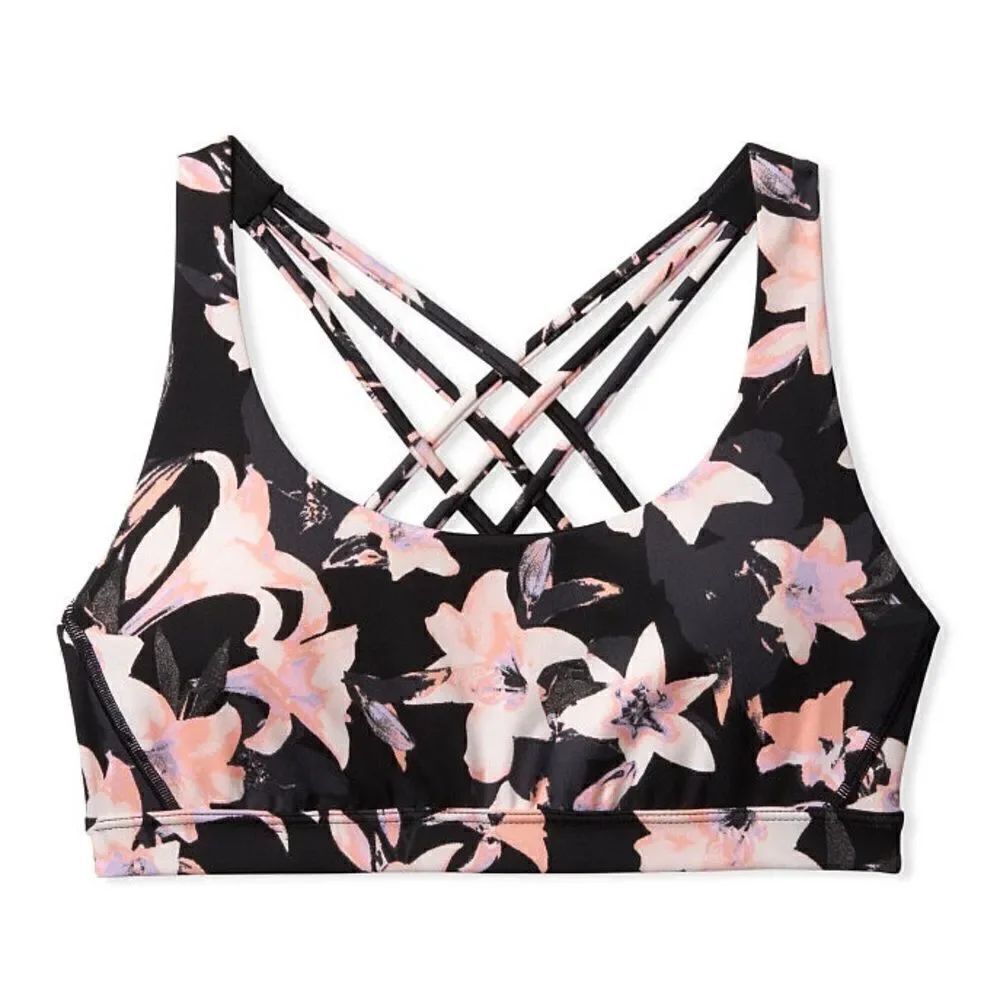 Victoria’s Secret Strappy Back Light Impact padded sport bra Black Pink lilies